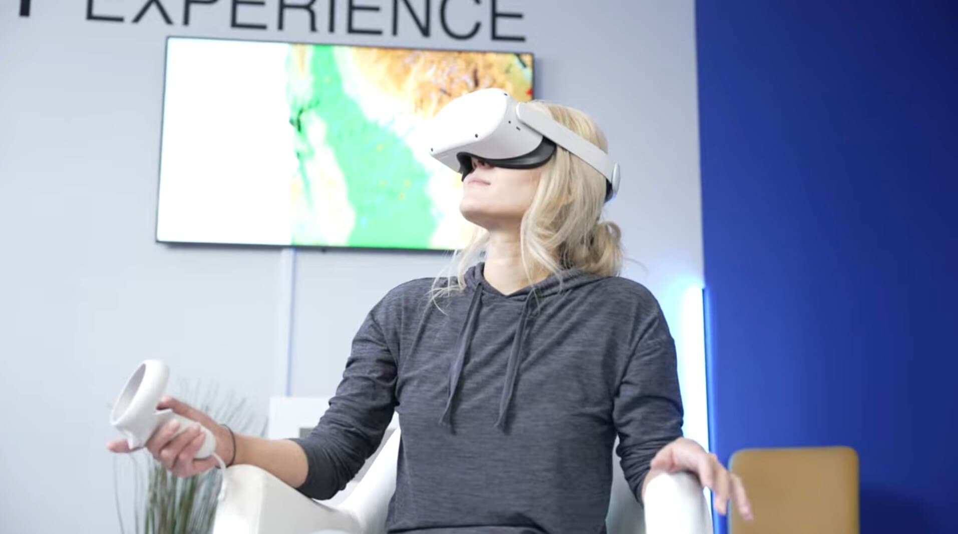 Visitor wearing a VR headset at the California Welcome Center