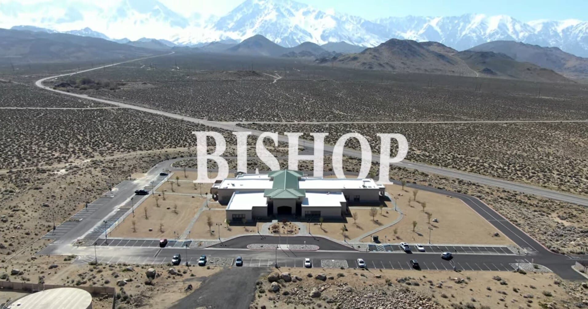 Aerial view of the Cerro Coso Bishop campus with the Sierra Nevada behind it