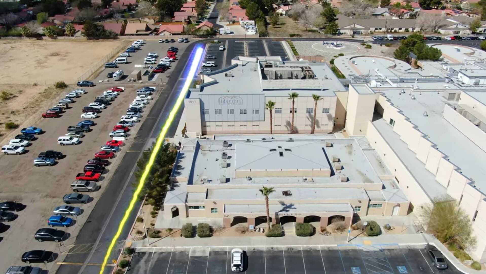 Aerial view of the Ridgecrest Regional Hospital drive-through testing site